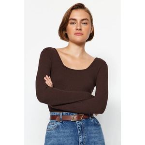 Trendyol Brown Square Collar Long Sleeved Corduroy Stretchy Knitted Bodysuit obraz