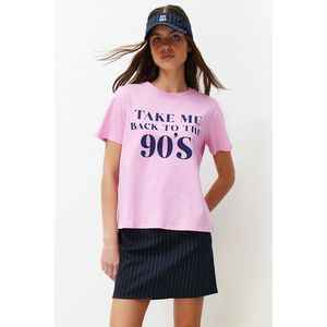 Trendyol Pink 100% Cotton Crew Neck Printed Regular/Regular Fit Knitted T-Shirt obraz