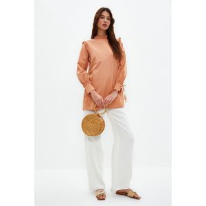 Trendyol Camel Shoulder and Cuff Frilly Woven Cotton Tunic obraz
