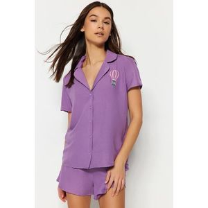Trendyol Purple Fun Embroidered Shirt-Shorts Weave Pajamas Set obraz