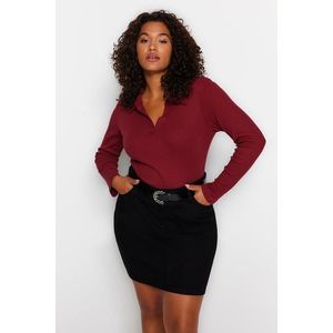 Trendyol Curve Burgundy Fitted Ribbed Shirt Collar Snap Snap Knitted Bodysuit obraz