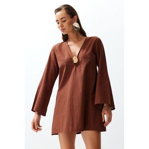 Trendyol Brown Mini 100% Cotton Beach Dress with Woven Accessories obraz