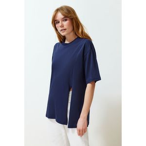 Trendyol Navy Blue 100% Supreme Slit Oversize/Wide Mold Asymmetrical Knitted T-Shirt obraz