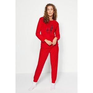 Trendyol Red Wellsoft Deer Pattern Tshirt-Jogger Knitted Pajamas Set obraz