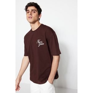 Trendyol Brown Relaxed/Comfortable Cut Short Sleeve Text Printed 100% Cotton T-Shirt obraz