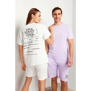 Trendyol Light Lilac Printed Regular Fit Couple Knitted Shorts Pajamas Set obraz