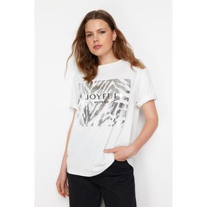 Trendyol White 100% Cotton Foil and Slogan Printed Knitted T-Shirt obraz