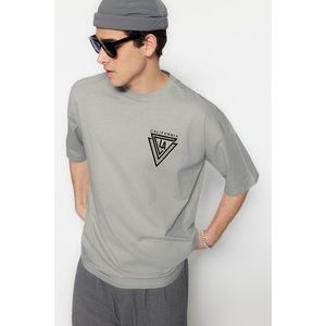 Trendyol Gray Oversize/Wide Cut City Printed 100% Cotton Short Sleeve T-Shirt obraz