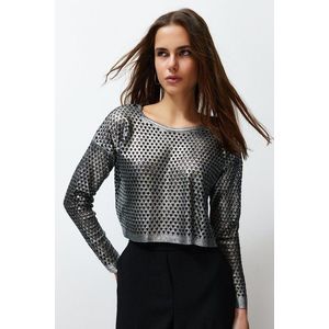 Trendyol Silver Foil Printed Openwork/Perforated Knitwear Sweater obraz