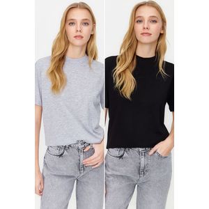 Trendyol Black-Grey Melange 2-Pack Basic High Neck Knitted T-Shirt obraz
