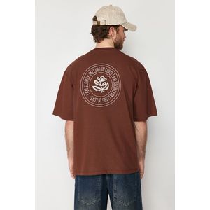 Trendyol Dark Brown Oversize Embroidered 100% Cotton T-Shirt obraz