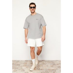 Trendyol Gray Oversize 100% Cotton Crew Neck Minimal Text Printed T-Shirt obraz