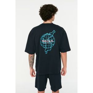 Trendyol Navy Blue Oversize/Wide-Fit Seoul City Printed Short Sleeve 100% Cotton T-Shirt obraz
