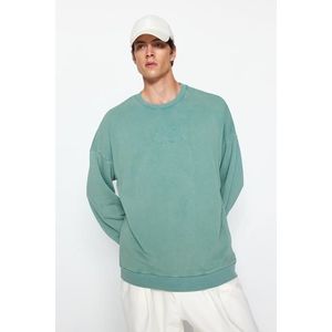 Trendyol Green Oversize/Wide-Fit Wear/Faded Effect Text Embroidery Cotton Sweatshirt obraz