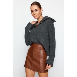 Trendyol Brown Faux Leather High Waist Mini Knitted Skirt obraz