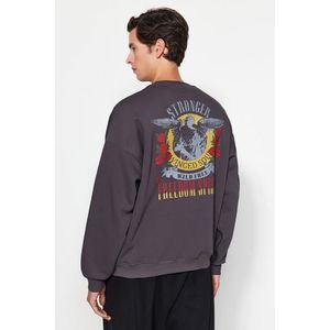 Trendyol Anthracite Oversize/Wide-Fit Crew Neck Rock Printed Fleece Sweatshirt obraz