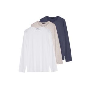 Trendyol 3-Souprava Tmavě šedá-béžová-bílá Slim / Slim Fit 100% bavlna Dlouhý rukáv Základní tričko obraz