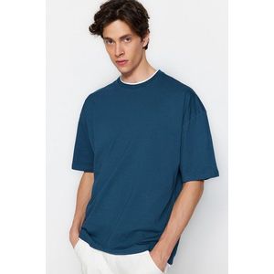 Trendyol Oversize/Wide-Fit Short Sleeve Contrast Piece Detail Basic 1 Cotton T-Shirt obraz