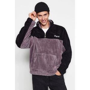 Trendyol Black Unisex Plus Size Oversize/Wide Fit Color Block Embroidered Plush Plush Sweatshirt obraz