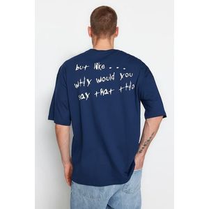 Trendyol Indigo Oversize/Wide-Fit Text Printed Short Sleeve 100% Cotton T-Shirt obraz