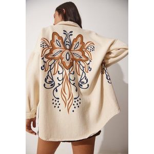 Happiness İstanbul Women's Cream Butterfly Printed Raw Linen Shirt Jacket obraz