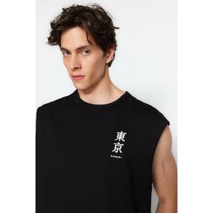 Trendyol Black Oversize Fit Far East Tištěné tílko-tričko obraz