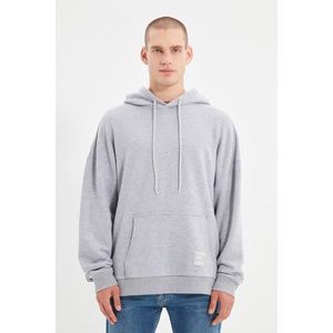 Trendyol Basic Gray Oversize/Wide-Fit Hooded Labeled Fleece Inner Cotton Sweatshirt obraz