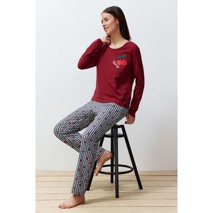 Trendyol Claret Red 100% Cotton Cherry Printed Plaid Knitted Pajamas Set obraz