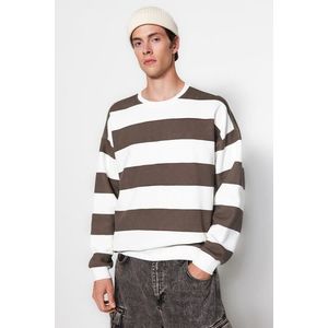Trendyol Mink Oversize/Wide Cut Crew Neck Striped Cotton Sweatshirt with Fleece Inside obraz