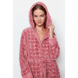 Trendyol Pink Belted Heart Pattern Fleece Knitted Dressing Gown obraz