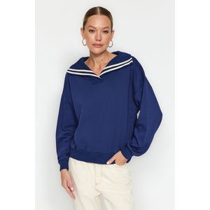 Trendyol Navy Blue Oversize/Wide Fit Sweater Collar Detailed Diagonal Knitted Sweatshirt obraz
