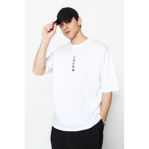 Trendyol White Oversize/Wide-Fit Oriental Text Printed Short Sleeve 100% Cotton T-Shirt obraz