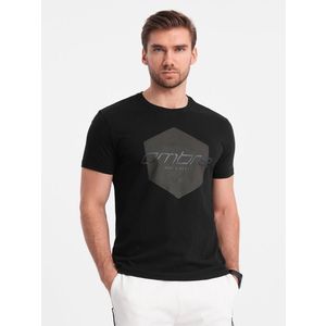 Ombre Men's geometric and logo printed cotton t-shirt - black obraz