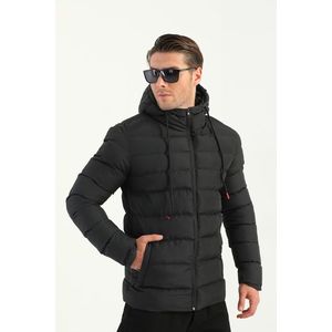 River Club Pánský černý nafukovací zimní kabát s podšívkou s kapucí a větruodolným. obraz