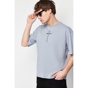 Trendyol Gray Oversize/Wide-Fit Ruffle Text Print 100% Cotton T-shirt obraz
