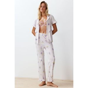 Trendyol Ecru-Multi Color 100% Cotton Floral Ruffle Detail Knitted Pajamas Set obraz