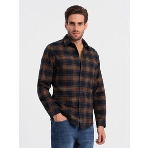 Ombre Men's checkered flannel shirt - navy blue and orange obraz