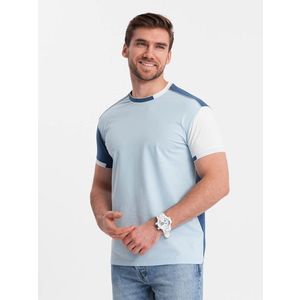 Ombre Men's elastane t-shirt with colored sleeves - blue obraz