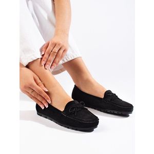 Shelvt Women's suede black loafers obraz