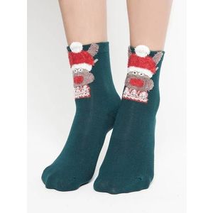 Socks with reindeer application in a green Christmas hat obraz