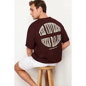 Trendyol Dark Brown Oversize Fluffy Text Printed 100% Cotton T-Shirt obraz