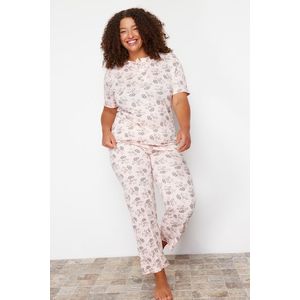 Trendyol Curve Powder Buttoned Flower Patterned Knitted Pajamas Set obraz