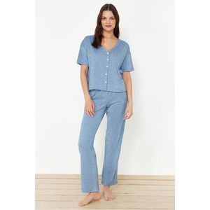 Trendyol Blue Button and Pocket Detailed Corded Knitted Pajama Set obraz