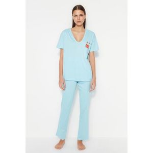 Trendyol Light Blue 100% Cotton Wide Fit T-shirt-Pants with Pockets Printed Knitted Pajamas Set obraz