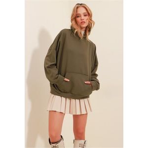 Trend Alaçatı Stili Women's Khaki Hoodie with Kangaroo Pocket 3 Thread Thickness Sweatshirt obraz