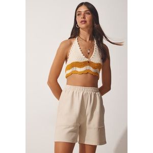 Happiness İstanbul Women's Cream Wide Pocket Linen Bermuda Shorts obraz