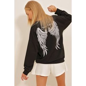 Trend Alaçatı Stili Women's Black Crew Neck Front And Back Wings Printed Oversize Sweatshirt obraz