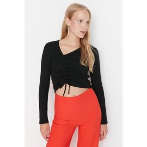 Trendyol Black Shirred Detail Fitted/Sleeping Crop Asymmetrical Collar Ribbed Stretch Knit Blouse obraz