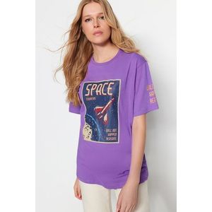 Trendyol Purple 100% Cotton Space Printed Boyfriend Fits Crew Neck Knitted T-Shirt obraz