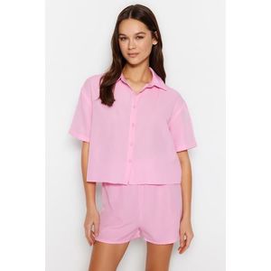 Trendyol Light Pink Elastic Detailed Shirt-Shorts Woven Pajamas Set obraz